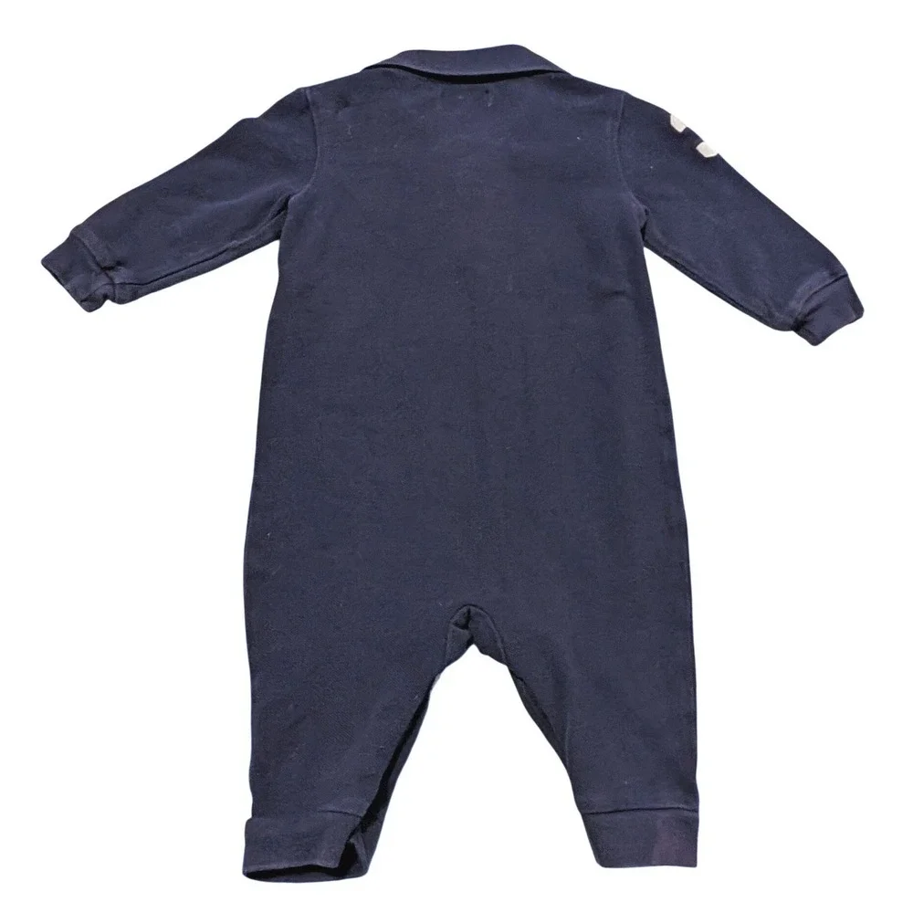 Ralph Lauren Navy Blue Long Sleeve Polo Romper Baby 6M Pony Logo 3 Patch